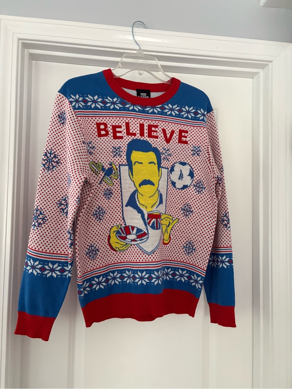 Ted Lasso Red & Blue 'Believe' Graphic Holiday Sweater - Ugly Sweater - Small
